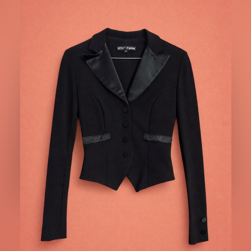 Fab - Vintage Betsey Johnson Black Fitted Ribbed Maxi w/Matching Tux Jacket - Picture 5 of 11